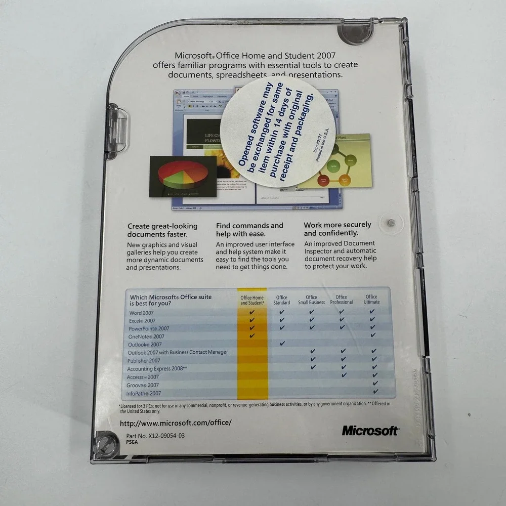 Microsoft Office Home and Student 2007 PC Windows Retail Box Product Key‎ Disc